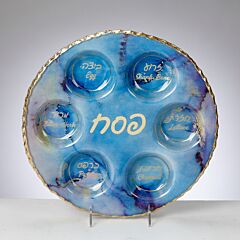 Glass Round Seder Plate Blue Marble