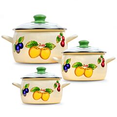 Fruits Enamel Casserole Set of 3 with Glass Lids
