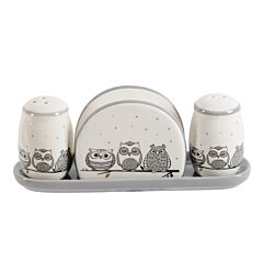 Owls Ceramic Salt and Pepper Shaker Set with Napkin Holder and Tray