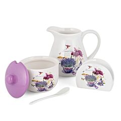 Provence Ceramic Set Pitcher Napkin Holder and Sugar Bowl with Spoon