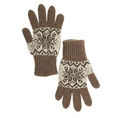 Coffee and White Snowflake Wool Women's Gloves in Size 17-18