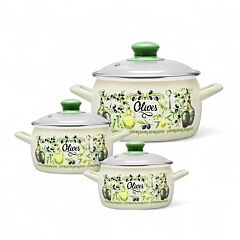 Olives Enamel Casserole Set of 3 with Glass Lids