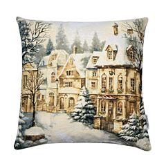 Snowy Winter City Beige Tapestry Pillow