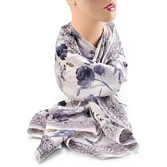 Silk Feeling Shawl Blue and White Watercolor Flowers