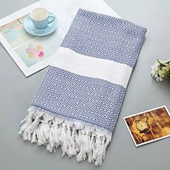 Picnic and Beach Cotton Blanket with Fringe (blue, white)