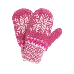 Raspberry Snowflake Wool Kids' Mittens in Size 13 / 4-6 years