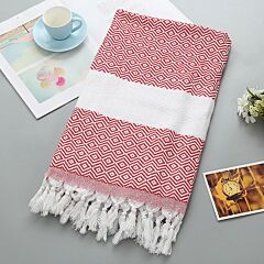 Picnic and Beach Cotton Blanket with Fringe (red, white)