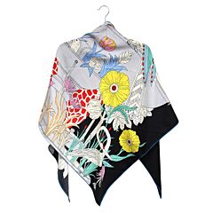 Floral Symphony Cashmere and Silk Triangle Scarf in Black and Yellow