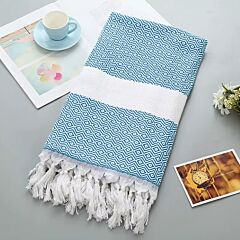 Picnic and Beach Cotton Blanket with Fringe (ligh blue, white)