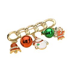 Gold Christmas Chain Safety Pin Brooch with Charms