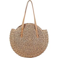 Round Woven Beige Straw Bag with Handles