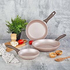 WILMA Forged Aluminum Granite Non-Stick Deep Frying Pan Set of 3 in Cream