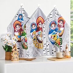 Cotton Kitchen Towel Nesting Dolls and Birch Trees Set of 3