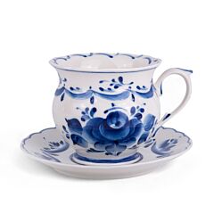 Porcelain Teacup and Saucer "Olga" Blossoms Gzhel Blue and White 