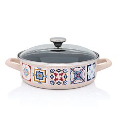 Porto Mediterranean Vintage Low Enamel Stock Pot with Glass Lid