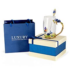 Graceful Bloom Enamel Glass Mug with Spoon in Gift Box (blue)