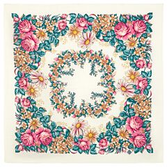 Pink Roses on White Pavlovo Posad Wool Shawl