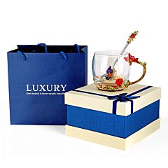 Butterfly and Roses in Red Enamel Glass Mug with Spoon in Gift Box