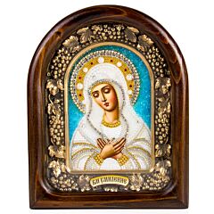 The Mother of God of Hand Beaded Icon Wood Frame Natural Stones