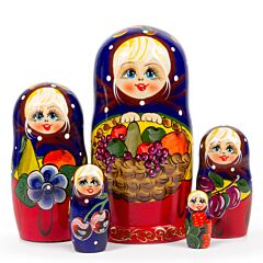 Blue Kerchief Fruit Basket Handmade Nesting Doll (5 pc.)