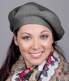 Light Grey Crystal-Embellished Knitted Beret