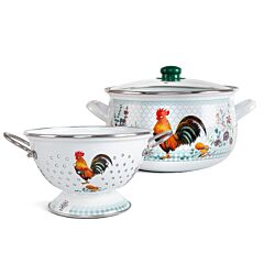 Golden Rooster Enamel Deep Stock Pot with Glass Lid and Colander Pasta Set