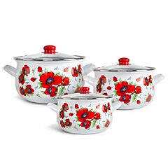 Poppies Enamel Belly Deep Stock Pot Set with Tempered Glass Lids Set of 3