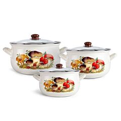 Mushrooms Enamel Belly Deep Stock Pot Set with Tempered Glass Lids Set of 3