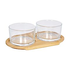 Glass Breakfast Set / Partitioned Serving Dish with Wooden Stand (2 sections)
