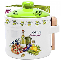 Italian Herbs Ceramic Honey Jar with Wooden Spoon