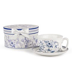 Vintage Blue Flowers New Bone China Cup and Saucer Set in Gift Box