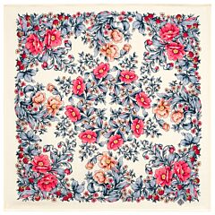 Blush Peony on White Pavlovo Posad Wool Shawl