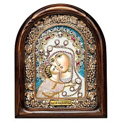 Our Lady of Vladimir Hand Beaded Icon Wood Frame Natural Stones