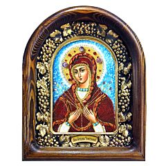 Theotokos of the Seven Sorrows  Hand Beaded Icon Wood Frame Natural Stones