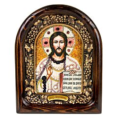 Christ Pantocrator Hand Beaded Icon Wood Frame Natural Stones