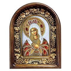 Our Lady of the Gate of Dawn Hand Beaded Icon Wood Frame Natural Stones