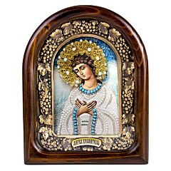 Guardian Angel Hand Beaded Icon Wood Frame Natural Pearls