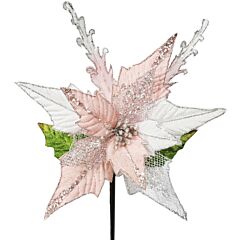Pink and Silver Poinsettia Stem Christmas Decoration