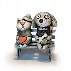 Cat and Dog on Bench Handmade Ceramic Figurine
