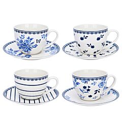 Vintage Indigo Porcelain Teacup and Saucer Set of 4