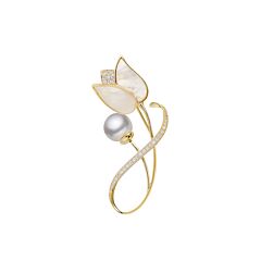 White Tulip Brooch with Faux Pearl 