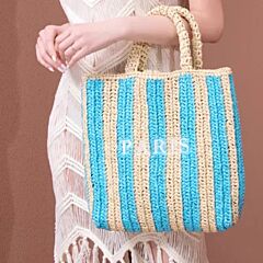 Weaved Wicker Bag With Blue Stripes