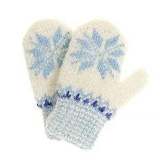 White and Light Blue Star Wool Kids' Mittens in Size 11