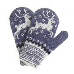 Blue and White Deer Wool Kids' Mittens in Size 13