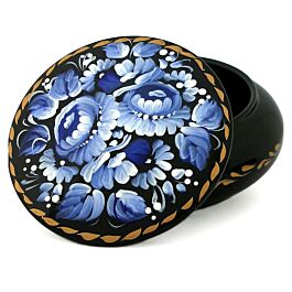Blue Flowers Round Handmade Wooden Petrykivka Painting Jewelry Box